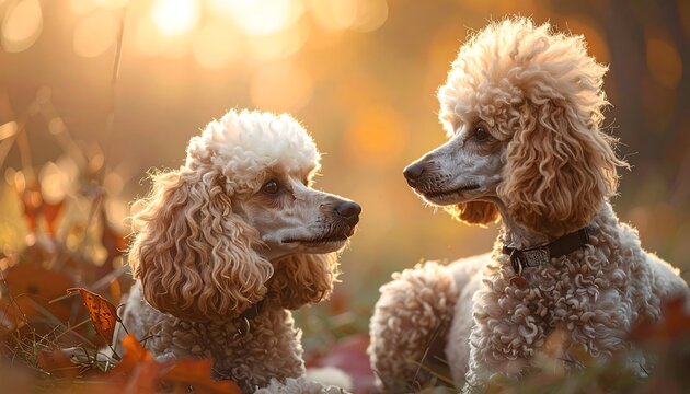 Two poodles in autumn sunlight