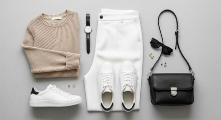 Flat lay of stylish womens outfit with accessories on light gray surface