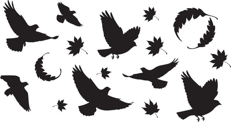 Autumn Birds and Leaves Silhouette Vector

Fall Season Abstract with Flying Birds

Nature Design with Crows and Leaves

Halloween-Themed Bird and Leaf Illustration