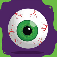 Creepy Halloween monster eyeball vector illustration with green iris and bloodshot veins on a dark purple background