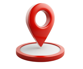 Isolated red location pin on a white circular base against a stark black background in a studio shot