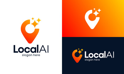 Generative Ai logo design. Pin point icon with magic sparkle stars graphic design. Location symbols. Artificial intelligence symbol icon element for app and web © Arunika_Dsgn