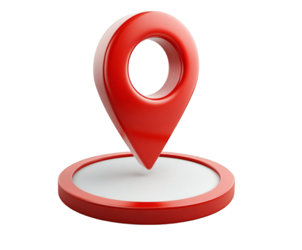 Isolated red location pin on a white circular base against a stark black background in a studio shot