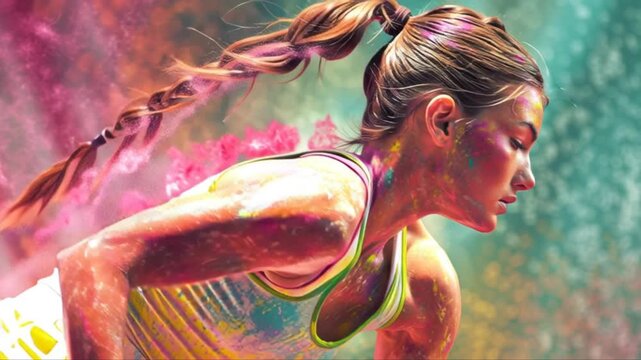 A slow-motion clip of a young, beautiful tennis player playing professional tennis. A stylized, vibrant, and colorful video full of grace, youth, and energy