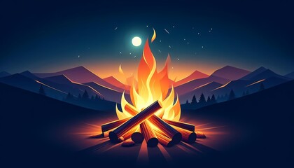 Campfire in the mountains at night, beautiful minimalist vector illustration.