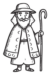 Obraz premium Cartoon shepherd illustration with bearded man holding staff in traditional clothing – retro hand drawn illustration