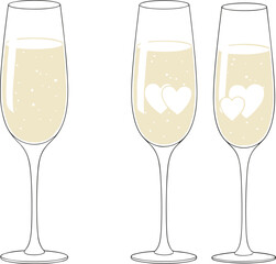  Elegant Vector Illustration of Three Champagne Flutes Filled with Sparkling Wine, Featuring Heart Shapes Inside, Perfect for Romantic Celebrations and Special Events