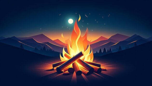 Campfire in the mountains at night, beautiful minimalist vector illustration.
