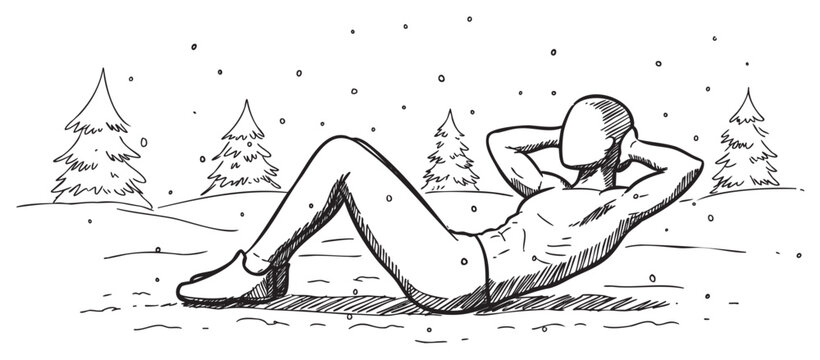 Female exercising outdoors in winter landscape with snow and pine trees – retro hand drawn illustration