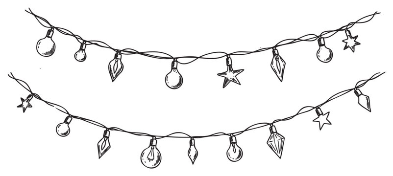 Hand-drawn christmas lights garland with various bulb shapes &ndash; retro hand drawn illustration