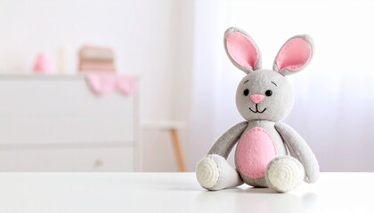 Fototapeta premium Cute felt bunny rattle toy on pastel background, soft handmade design for baby, symbolizing innocence, childhood, and gentle happiness