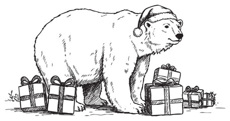 Naklejka premium Polar bear with santa hat and christmas gifts surrounding in black and white illustration – retro hand drawn illustration