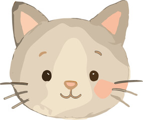 A cute cartoon illustration of a cat’s face with big brown eyes, pink cheeks, and soft beige fur in a kawaii style.