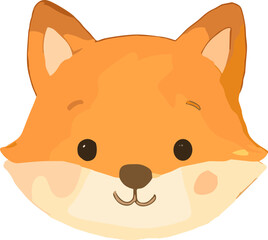 A cute cartoon fox face illustration with orange fur, big ears, rosy cheeks, and a friendly kawaii smile.