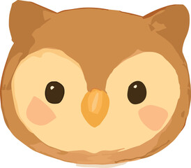 A cute cartoon owl face illustration with big round eyes, a yellow beak, and soft brown feathers in a kawaii style.