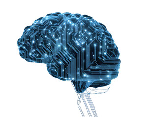 Digital brain with glowing circuit patterns on a black background representing ai technology