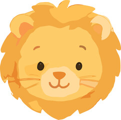 A cute cartoon lion face illustration with a fluffy golden mane, round eyes, and a sweet smile in a kawaii style.