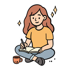 Cute red-haired girl sitting cross-legged, writing in a notebook with a cup of coffee nearby. Cozy pastel doodle illustration, perfect for cards, posters, stickers, and creative design.
