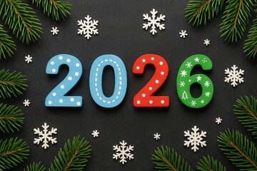 Colorful 2026 numbers with festive snowflakes and fir branches on black background for New Year celebration concept. Ai generative. Ai generative