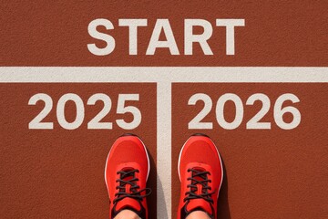 Start line showing transition from 2025 to 2026 with red running shoes on track as a symbol of new year beginning and fresh goals ahead. Ai generative