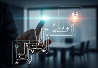 Business Goals Concept Businessman Touch Screen Achieving Target