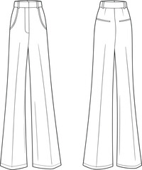 Fashion flat sketch of wide leg pants with waistband, pockets and back welt design, technical clothing vector illustration template
