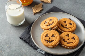 Halloween pumpkin cookies with sweet cream filling on a gray plate with milk on a concrete background. 