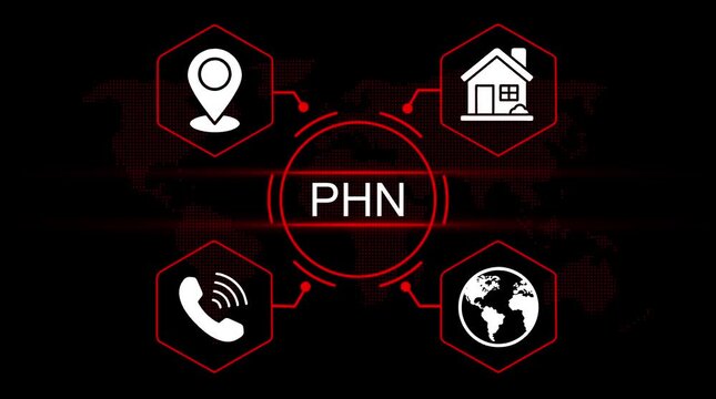 Global communication network hub connecting home location phone and earth icons with digital world map background and central P H N text in red digital abstract style