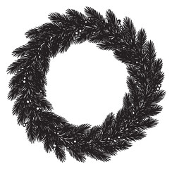 Elegant circular christmas garland with pine branches and berries &ndash; retro hand drawn illustration