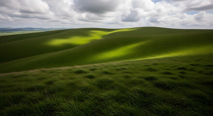 Obraz premium Rolling Green Hills Bathed in Dramatic Sunlight and Shadow Under a Cloudy Sky grass landscape