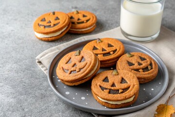 Halloween pumpkin cookies with sweet cream filling on a gray plate with milk on a concrete background. 