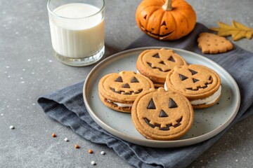 Halloween pumpkin cookies with sweet cream filling on a gray plate with milk on a concrete background. 