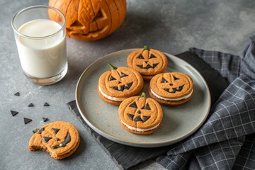 Halloween pumpkin cookies with sweet cream filling on a gray plate with milk on a concrete background. 