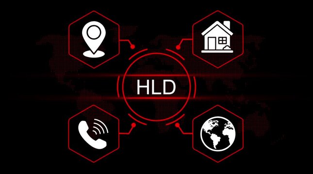 Global connectivity network H L D concept with location home phone and earth icons on digital world map background abstract technology communication data transfer