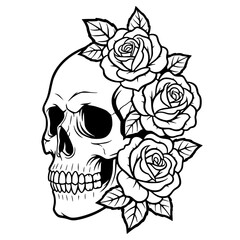 Skull with Roses Vector Illustration, Gothic, Tattoo, Death, Floral, Romantic