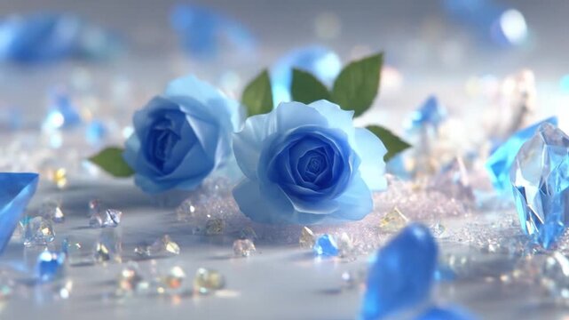 Elegant blue roses and crystals on reflective surface with soft lighting