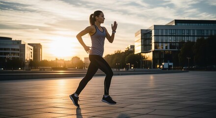 Dynamic Female Runner in Urban Park at Sunset