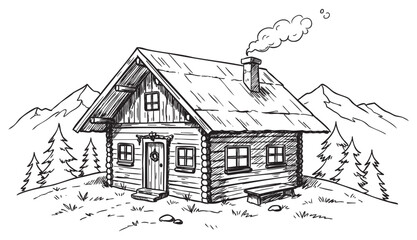Obraz premium Rustic mountain cabin with chimney and surrounding pines in scenic landscape – retro hand drawn illustration