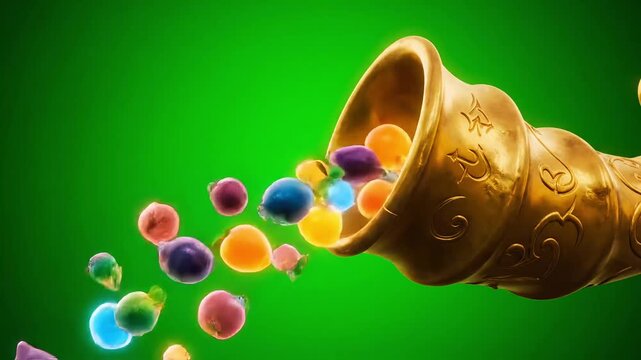 Golden cornucopia overflowing with colorful candy and sweets, symbolizing abundance and celebration.