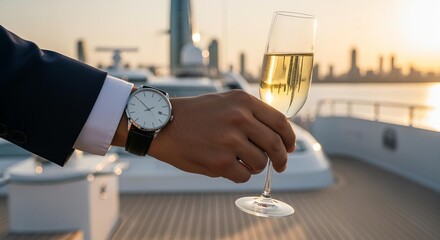 Luxury Moment: Man's Hand with Champagne and Watch at Sunset Skyline