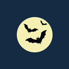 Spooky Halloween Night Vector Illustration with Flying Bats Silhouettes Against a Bright Full Moon Sky Background