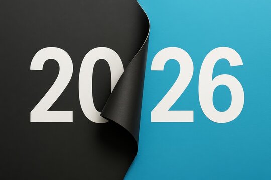 Page peel transition from black 2020 to blue 2026 showing concept of change and progress toward new year celebration and future vision. Ai generative