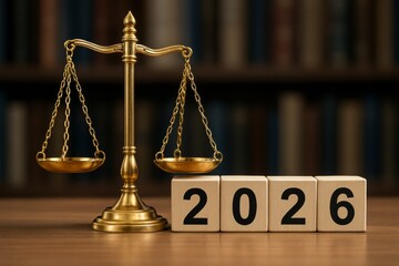 Golden justice scale beside wooden blocks displaying 2026, symbolizing legal balance and new year transition in a law context on blurred bookshelf background. Ai generative