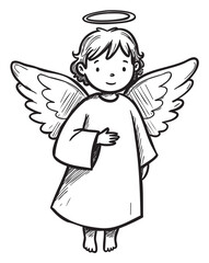 Fototapeta premium Illustration of angelic child with wings and halo in robe – retro hand drawn illustration