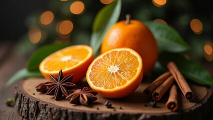 Fresh oranges with cinnamon sticks and anise. 