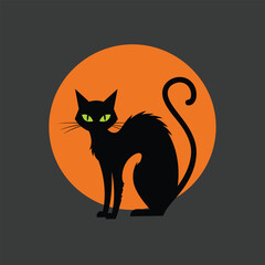 Spooky Black Cat Silhouette with Glowing Green Eyes Against a Full Orange Halloween Moon Vector Illustration