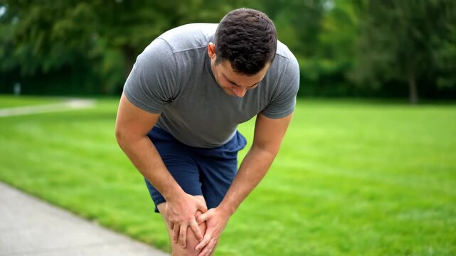 Man Experiencing Knee Pain Outdoors - A man is shown holding his knee while grimacing in apparent pain. The scene takes place outside on a sunny day, suggesting a possible sports injury or exertion.
