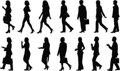 Silhouettes of business men and women walking and talking, professional corporate people in motion, vector illustration set