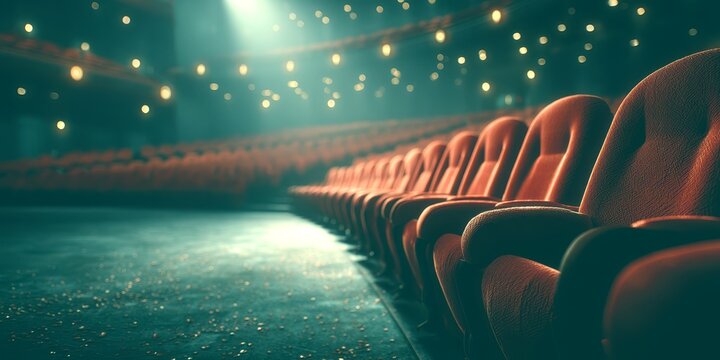 Empty velvet seats in a theater illuminated by soft during a performance intermission