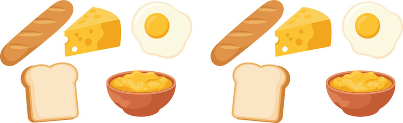 Assortment of breakfast food items including bread cheese and fried eggs baguette